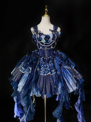 Clearance - Size XL for Bust 96cm Deep Sea Blue Bead and Sequins Details Cascading Ruffle Accents Princess Lolita JSK Full Set