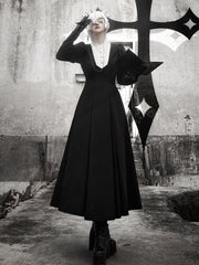 Black Juliette Sleeves Slim Waist Dress Beige Ruffle Neckline Lolita One Piece