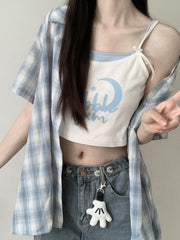 White and Blue Faux Two-Pieces Cropped Cami Top