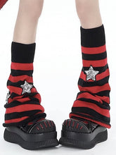 Red & Black Striped Punk Leg Warmers with Star Embellishments
