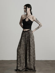Urban Goth Grey Rock-Pattern Wide-Leg Pants with Waist Woven Trim & Beaded Embellishment