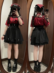 Wine Red Jirai Kei Full Set - Ruffle Neckline Lace Blouse + Cross Charm Bowknot Skirt