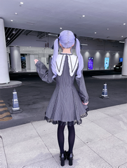 Vintage Black Striped Jirai Kei Dress with Pointed Flat Collar and Cross-Stitch Lace Trim