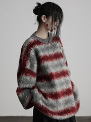 Urban Goth Grey & Red Striped Round Neck Sweater