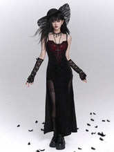 Halloween Black & Red Gothic Spiderweb Print Slip Dress with Thigh Slits & Cross-Lace Detail