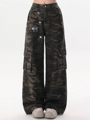 Utility Camo Cargo Pants with Signature Star & Skeleton Kitty Embroidery