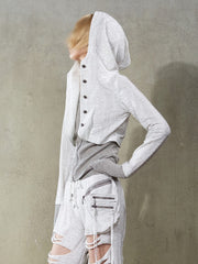 White Punk Y2K Rhinestone Hoodie Jacket with Gray Knit Hem