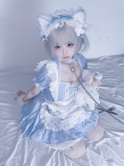 Sweet Lolita Maid Dress in Blue | Lace-Up Back & Detachable Apron with Heart Brooch