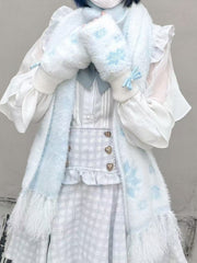 White Knit Fingerless Gloves with Light Blue Bowknot and Snowflake & Bead Accents