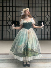 Dark Green & Apricot Basque Waist Forest Print Elegant Classic Lolita Dress with Overlay