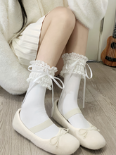 White/Red/Blue Bow Ribbons Lace Trim Sweet Calf Socks