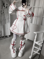 Yami Kawaii White Leg Warmers with Red Cross Design