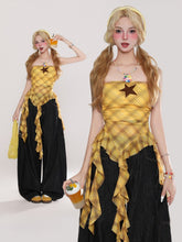 Yellow Plaid Strapless Top with Star Accent and Cascading Ruffle Hem