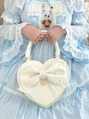 Sweet Lolita Heart-shaped White Hand/Crossbody Bag with Beaded Decorated Bow & Detachable Strap