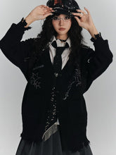 Black Punk V-Neck Rhinestone Knit Cardigan with Three-Pin Placket & Frayed Hem