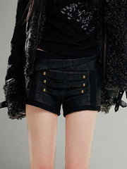 Black Punk Vinatge Textured PU Low-Rise Shorts with Triple Strap & Metal Studs