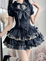 Black and Gold Bow Accents Idol Lolita Dress Striped Fabric