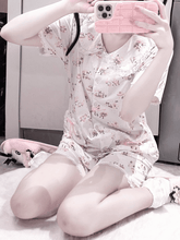 White Peter Pan Collar Allover Bunny Print Heart Pockets Blouse + Shorts Jirai Kei Pajamas Set