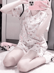 White Peter Pan Collar Allover Bunny Print Heart Pockets Blouse + Shorts Jirai Kei Pajamas Set