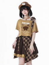 Yellow Asymmetrical Neckline Adorable Puppy Print Self-tie Plaid Bowknot T-shirt