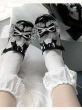 PU Round Toe Black Mid-heel Shoes - Bow at Top & Lace Trim