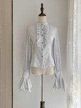 White Pinstripe Long-sleeved Lolita Blouse with Ruffled Placket