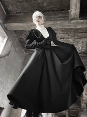 Black Juliette Sleeves Slim Waist Dress Beige Ruffle Neckline Lolita One Piece