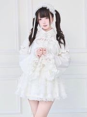 White Gothic Jirai Kei Dress Tiered Lace Skirt with Detachable Bell Sleeves