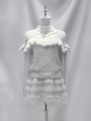 White Sweater with Criss-cross Neckline, Shoulder Cut-outs and Cross Embellishment