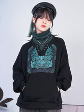 Gothic Cheongsam Black Faux Two-Piece Bronze Motif Top with Green High Collar & Kangaroo Pocket