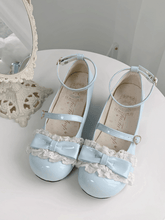 Sweet Lolita Round-Toe Blue Low-heel Mary Janes with Bow Accent, Lace Trim & Heart-Shaped Buckle