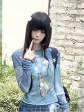 Blue Round Neck Top with Cartoon Print