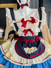 Dark Blue and Red Snow White Sweet Maid Apron + Basque Waist Strapless Tiered Ruffle Puffy Dress