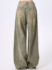 Vintage Faded Wash Blue Wide-Leg Jeans with Patterned Detailing