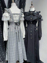 Jirai Kei Style Long Overall Skirt in Black/Gray Plaid with Detachable Flutter Sleeves & Rhinestone Accents