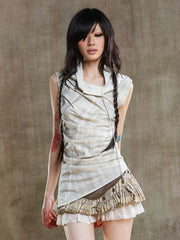 Apricot Punk Asymmetrical Multi-Wear Vest with Zipper Neckline & Drawstring Collar