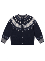 Navy Blue Knit Cardigan with Premium Fair Isle Wool Blend