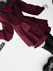 Wine Red Jirai Kei Set- Sailor Collar Bunny Ears Design Back Mini Dress + Ruffle Hem Shorts + Bow Tie