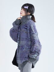 Loose Gray & Purple Striped Mohair Knit Sweater with Ribbed Cuffs & Lockstitch Detailing