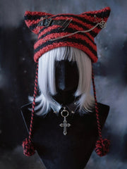 Black & Red Striped Cat Ear Knit Beanie – Gothic Harajuku Style