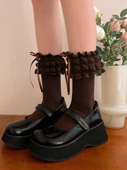 White/Black/Brown Lolita Puffy Ruffle Socks with Bow Ribbon Decoration