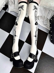 Black Cross Poker/Ace of Spades Butterfly Print Over-knee Stockings