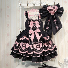 Plus Size Sweet Heart-Shaped Appliqué and Layered Skirt Black and Pink Lolita Dress