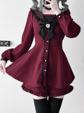 Wine Red Jirai Kei Set- Sailor Collar Bunny Ears Design Back Mini Dress + Ruffle Hem Shorts + Bow Tie