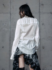 White Wasteland Punk V-Neck Distressed Blouse with Pintuck Pleats