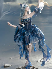 Clearance - Size XL for Bust 96cm Deep Sea Blue Bead and Sequins Details Cascading Ruffle Accents Princess Lolita JSK Full Set
