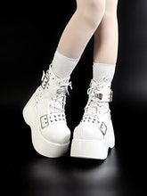 Stud Work, Bone Elements & Functional Lace-Up+Strap Design PU Matte White Platform Boots in Punk Style