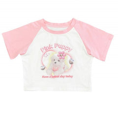 White & Pink Cute Puppy Print Cropped Top