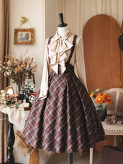 Vintage Preppy Style Red High Waist Plaid Overall Skirt with Tonal Tie