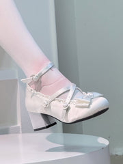 White Elegant Lolita Mary Jane Shoes with Crisscross Straps & Heart Snap
